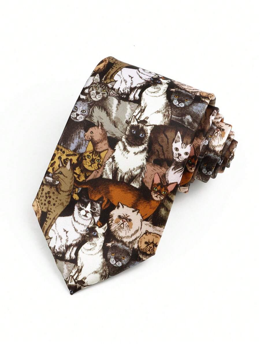 1pc Men's Fashion Cat Tie, 8cm Animal Print Necktie - Multicolor - View 1