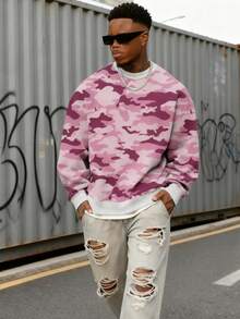 Men's Solid Color Drop Shoulder Long Sleeve Drawstring Pocket Casual Sweatshirt, Autumn/Winter, Back To School