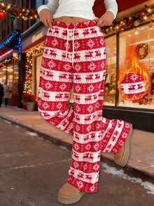 Quần ngủ lông cừu mềm mại cho nữ, thiết kế tối giản, ấm áp và thoải mái cho mùa thu/đông - Đỏ và trắng - Xem 4