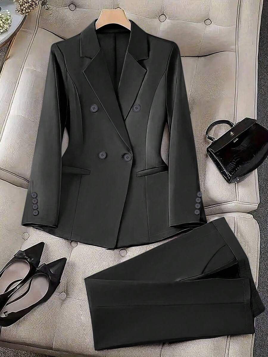 Women's Spring/Autumn Double-Breasted Long Sleeve Blazer & Trouser Suit Set - Black - View 1