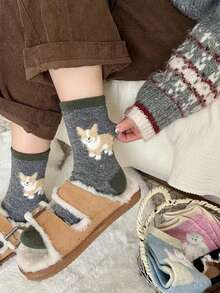 5 pares de calcetines cálidos de estilo japonés para otoño/invierno, calcetines medianos con diseño de cachorros de dibujos animados, calcetines medianos cálidos, calcetines de dibujos animados con bloques de color simples y lindos - Multicolor - Ver 1