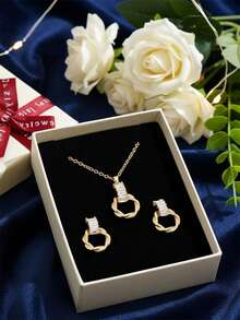 3pcs/Box Sparkling Zirconia Flower Earrings & Necklace Set, Lucky Leaf Jewelry Set, Suitable For Daily Wear, Party, Date, Wedding, Bride Gift, Lover Gift, Mother's Gift, Christmas Gift Box, Birthday Gift