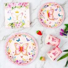 Pink Floral Butterfly 8-Guest Disposable Tableware Set, Including Plates, Napkins And Cups, Suitable For Birthday, Wedding, Party, Family Picnic - Multicolor - View 4