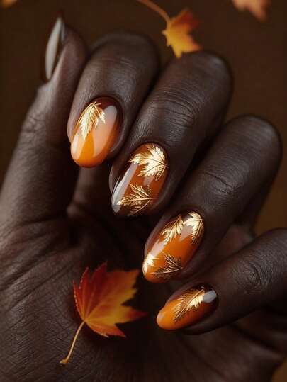 24 piezas de uñas francesas de otoño para aplicar, uñas naranjas de estilo Y2K de tamaño mediano y forma ovalada, con diseños de brillo, rayas geométricas, hojas de arce y estampados de lámina. Estilo conciso, reutilizables, uñas acrílicas postizas. Incluye 24 piezas de pestañas de gelatina y una lima mini.