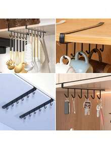 6 Hooks White/Black Storage Rack, No Drilling Required, Multi-Function Storage Hanging Hook Strip, Wardrobe Hooks, No Drill Kitchen Hooks, Adhesive Hook Rack, Track Style Kitchen Utensil Rack, Kitchen Pot Hanging Rack - Multicolor - View 4