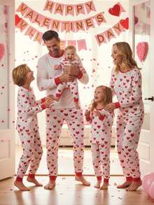 Match Family Valentines Day Pjs Set Long Sleeve Tops + Heart Print Pants Set Loungewear Casual Holiday Lounge Set Pj - White - View 3