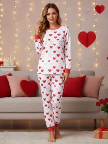 Matching Valentine Pajamas For Family Long Sleeve Tops + Heart Pants Set Loungewear - White - View 5