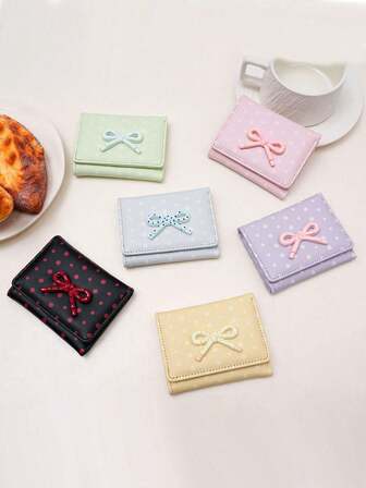 1 Pieza Cartera plegable de gran capacidad con lazo lindo, estampado de lunares impermeable, monedero plegable portátil, monedero de moda con ranura grande para efectivo, 5 ranuras para tarjetas, posición de ventana transparente, monedero de color macaron