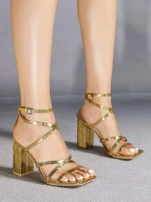 Women's Sexy Gold High Heel Shoes, Square Toe Ankle Strap Chunky Heel Open Toe Sandals, Comfortable And Versatile For Daily Wear And Commuting