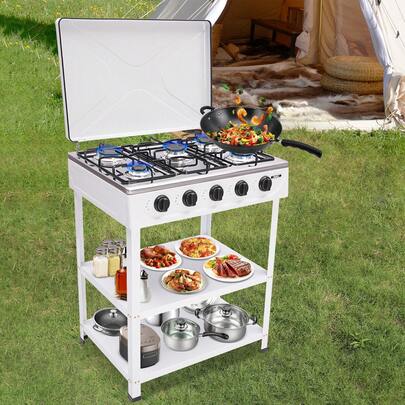 Outdoor 300000 BTU Stove Propane 5 Burner Portable Cooker BBQ Grill 2 Tier Rack