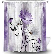 Rustic Farmhouse Shower Curtain, Farm Purple Daisy Floral Flowers And Butterfly On Country Wooden Shower Curtain For Bathroom, Violet Grey Bathroom Shower Curtains With 12PCS Hooks, 70X75IN - 多色582 - 查看 3