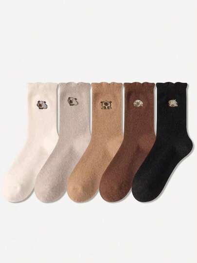 5 Pairs Women's Autumn/Winter Cartoon Anime Style Warm Comfortable Breathable Mid-Calf Socks