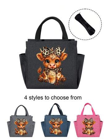 Large Capacity Tote Lunch Bag, Lunch Bag, Aluminum Foil Thickened Insulated Bag, Office Worker Tote Bag, Double Pocket Insulated Lunch Bag, Cartoon Highland Bull Pattern, Ample Capacity, Multi-Functional, Portable, Perfect For Bringing Lunch/Travel/Shopping, Vacation, Home Use, Gift For Teacher's Day, Thanksgiving, Women's Gifts. Lunch Box Cooler Bag Waterproof For Women For Men For Picnic ?For School Camping Essentials