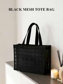 Christian Dior 女士网眼手提包，深灰色透明单肩包，棋盘格网镂空购物袋，奢华时尚手提包 - 黑色 - 查看 1