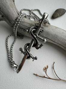 1pc Men's Dragon Sword Shaped Pendant Necklace, Punk Street Style - Everyday Necklace, Christmas Gift For Boyfriend - Silver - View 3