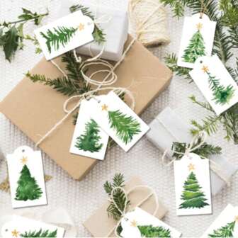 10/60pcs Watercolor Pine Tree Christmas Gift Tags With Gold Stars - Holiday Hang Tags For Packaging And Box Decoration, Rustic Gift Wrapping | Art Gift Tags | Natural Jute Tags
