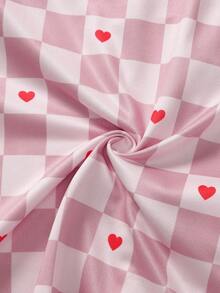 2 件套女士随机格子和心形印花时尚舒适翻领开衫长袖裤睡衣套装，春秋轻便 - 粉色 - 查看 10