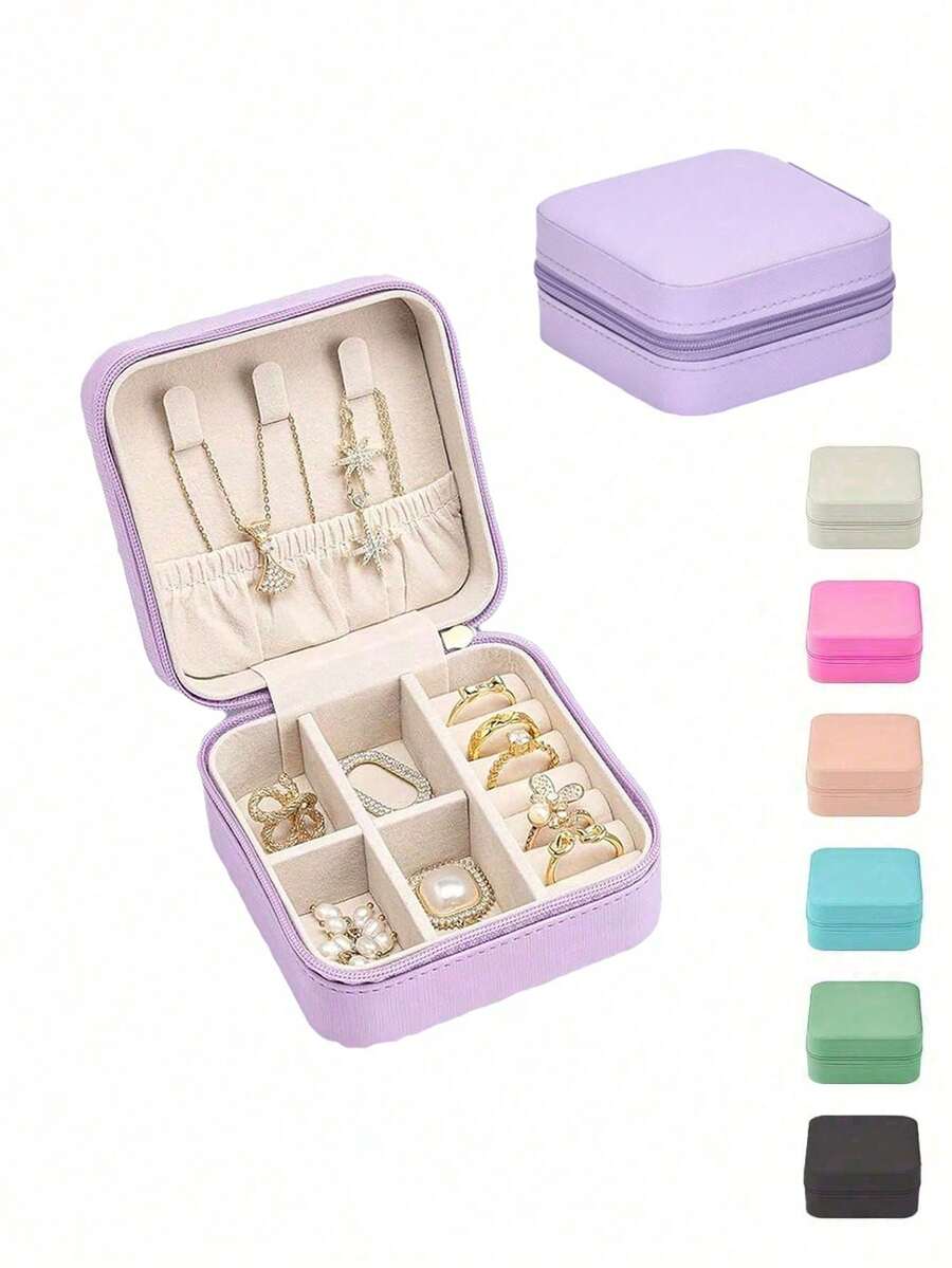 1个时尚迷你皮革旅行首饰盒，防水化妆品收纳盒，可收纳戒指、耳环和项链，便携式防尘方形盒，是圣诞节和生日送给女性的完美礼物，也是旅行必备的收纳整理好物，适合返校季、宿舍收纳和秋季装饰。