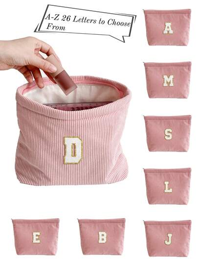 Raspberry Pink Corduroy Initial Makeup Pouch - Big Capacity Corduroy Cosmetic Bag With Gold-Trim Embroidered Letter, Zippered Travel Toiletry Organizer & Brush Holder, Cute Girly Vanity Case For Lipstick Brushes Skincare, Portable Pencil Case & Travel Essentials Pouch