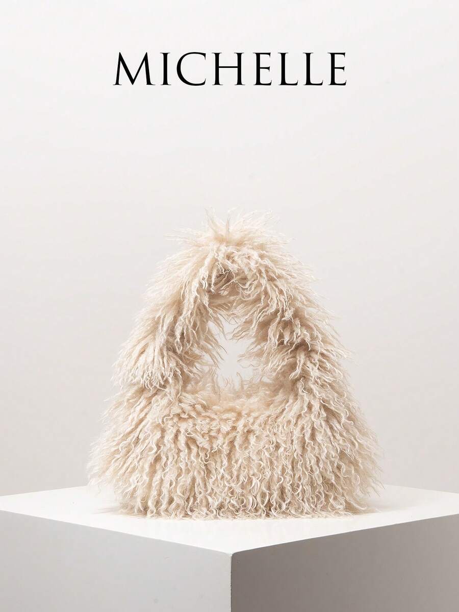 纯色毛绒糖果色手提包、单肩包、毛绒钱包、流浪包、圣诞包、女士礼物，适合秋冬季节，Y2K风格，可爱，适合日常、购物和约会 - 杏色 - 查看 1