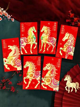 6 piezas Sobres rojos del Año del Caballo 2026 - Bolsas tradicionales chinas de Año Nuevo con patrones auspiciosos de caballos, símbolos de buena fortuna y bendiciones, Año Nuevo Lunar, sobre de dinero, sobres de dinero para regalos en efectivo, sobre de regalo de dinero