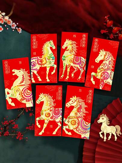 6pcs 2026 Year Of The Horse Red Envelopes - Traditional Chinese New Year Lucky Money Bags With Auspicious Horse Patterns, Good Fortune Symbols & Blessings, Lunar New Year, Money Envelope, Money Envelopes For Cash Gifts, Money Gift Envelope