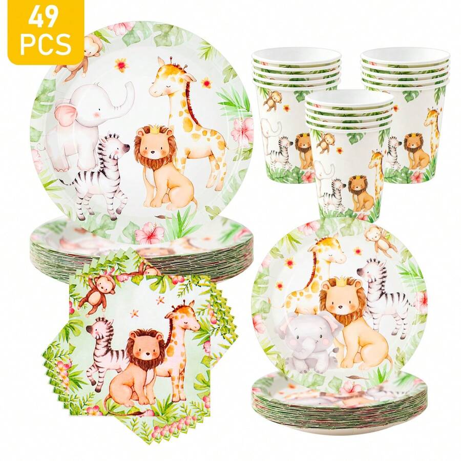 Jungle Animal Party Disposable Plates, Napkins, Cups Set, Plates, Napkins And Cups Party Supplies, Serves 8 Guests, Disposable Paper Plates Party Tableware Suitable For Birthday, Wedding, Theme Party, Family Picnic - Multicolor - View 1