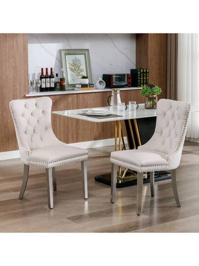 Furniture, Nikki Moderne Collection, High End Upholstered Solid Wood Contemporary Dining Stoel Chrome Stainless Steel Legs Nail Ornament, Set Of 2, Grijs Chrome, DE1701GY