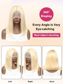 613号金色短波波头假发，真人发，13x4蕾丝前假发，180%密度，巴西原生发，613号蕾丝前真人发直发波波头假发，预先拔毛，带婴儿发。 - S613 - 查看 3