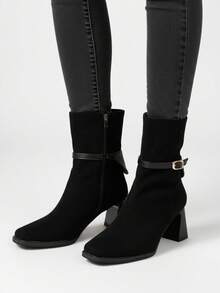 Maillard Brown High Heel Boots, Slimming, Stylish, High-End, Retro Square Toe Ankle Boots For Women, Chunky Heel, Autumn/Winter - Black - View 8