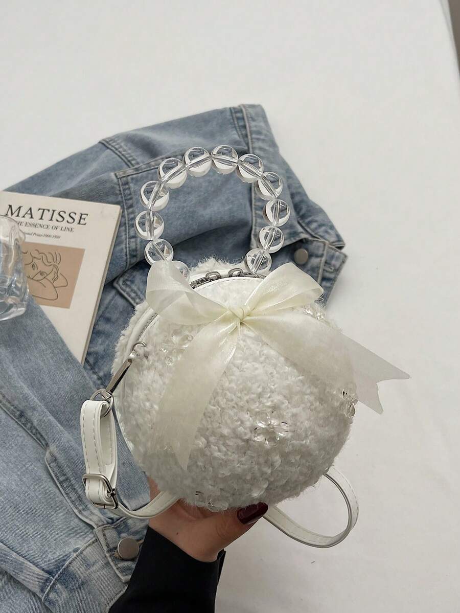 1pc Plush Bow Handbag, Fashion Shoulder Bag, Clutch Purse, Suitable For Party, Autumn/Winter, Women Daily Use