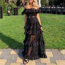 Summer New Women's Off-Shoulder Ruffle Hollow Out Flared Lace Dress Long Dress - 黑色 - 查看 11