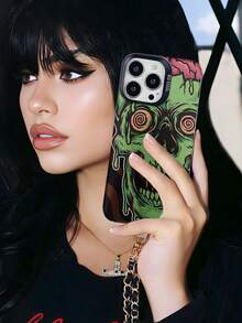 1pc Halloween Style, Green Zombie Skull Pattern , TPU+PET+PC Phone Case , Color-Contrast Camera Frame, Scratch-Resistant Shockproof Cover, Stylish Comfortable Grip, Holiday Gift For Girlfriend Or Self-Use, Compatible With IPhone 17/16/15/14/13/12/11/XR/XSMAX/XS/X Series - 黑色 - 查看 3