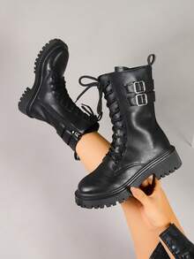 2025冬季新款舒适时尚女士踝靴，圆头方跟设计，修身显腿型，双扣系带，侧拉链，轻便防滑 - 黑色 - 查看 4