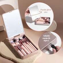 Set de viaje de brochas de maquillaje: 14 brochas de cerdas suaves espejo, luz y estuche portátil(default) - Multicolor - Ver 4