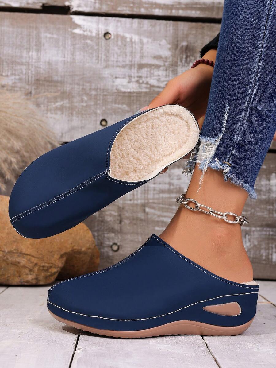 新款女士休闲套脚穆勒鞋，舒适圆头无后跟鞋，带毛绒内衬，百搭 - 寶藍色 - 查看 1