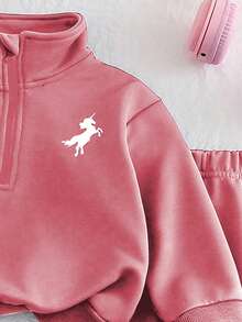 Chatreadl 2pcs Girls Unicorn Embroidery Solid Color Sweatshirt And Pants Set, Minimalist Design, Comfortable For Spring, Autumn And Winter - Coral Pink - View 4