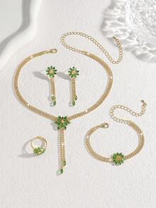 5 件奢华锆石花朵设计项链、耳环、手链、戒指首饰套装，优雅时尚配饰，适合女性日常通勤、宴会、派对 - 綠色 - 查看 5