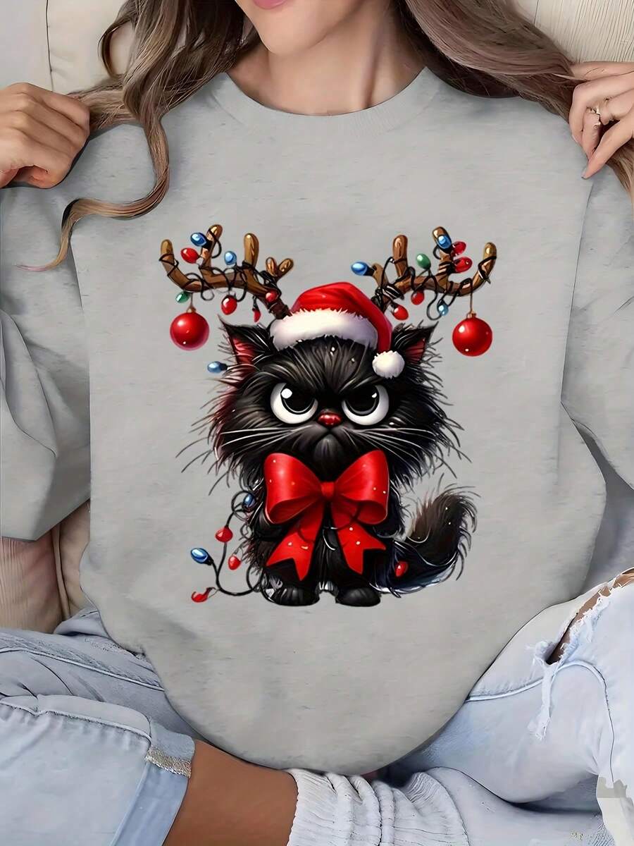 Christmas Cat With Reindeer Antlers And Lights Print Long Sleeve Sweatshirt Women Round Neck Sweatshirt Top For Holiday Party Christmas Celebration - 灰色 - 查看 1