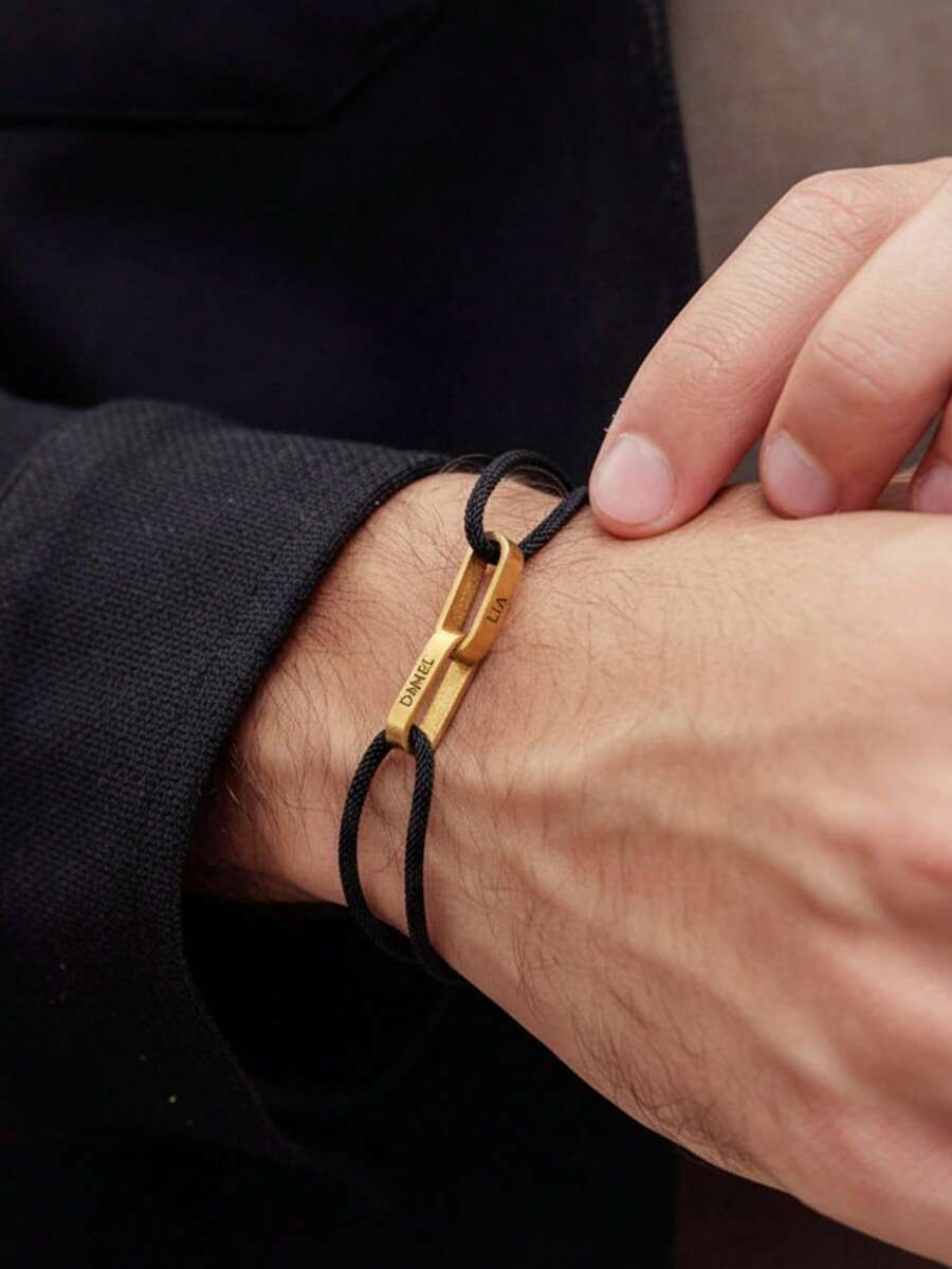 Personalized Interlocking Bracelet For Men, Customized Family Surname Bracelet, Dad Bracelet, Adjustable Bracelet, Father's Day Gift - Gold-style 2 - View 1