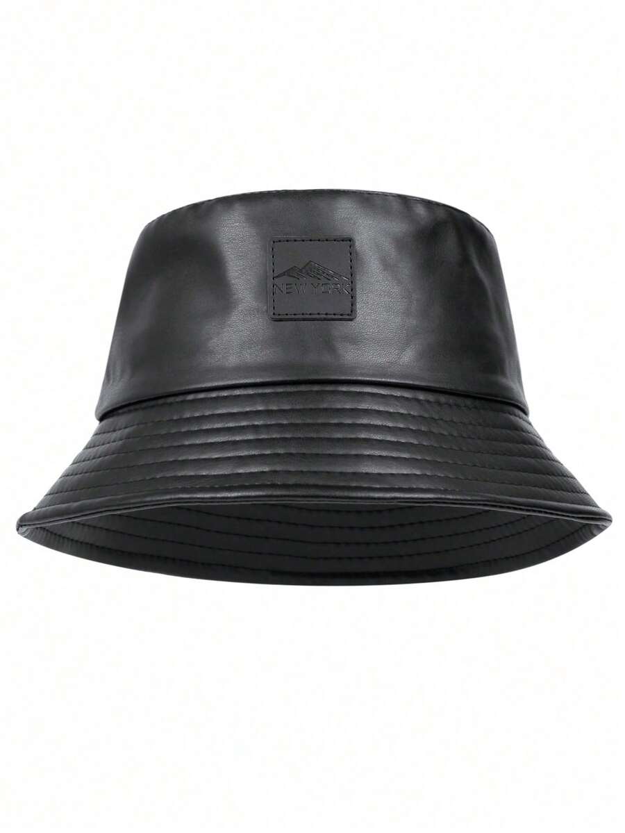 1pc PU Leather Brim Bucket Hat, Casual Outdoor Hat For Spring & Autumn,Festival,Travel - NEW YORK - View 1