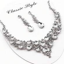 Clear Crystal Rib Statement Necklace Earrings Set Spark Rhinestone Women Jewelry Set Chunky Bridal Teal Crystal Drop Accessories For Ladies And Bridesmaids{Inchcolor_nameinch:InchWhiteinch} - Putih - View 3