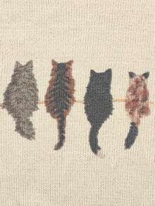 Damen Ärmellose Pullover Weste mit Katzen Muster, Lässiger Rundhals Strick Tank Top, Mode Damen Tägliche Strickwaren - Aprikosenfarben - Übersicht 4