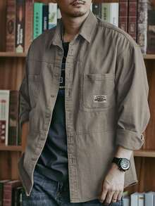 Camisa casual para hombre, unicolor, cómoda, multibolsillos, estilo retro, adecuada para uso diario, primavera/otoño - Camel - Ver 5