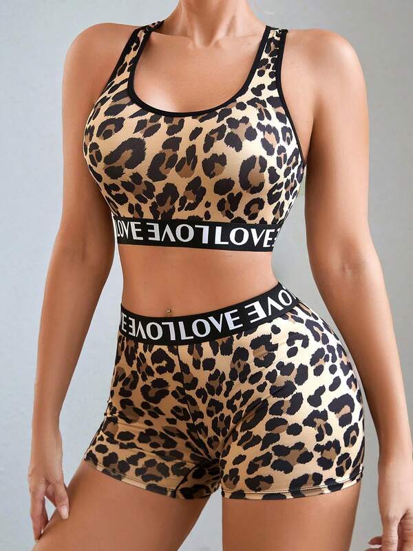 2pcs/Set Sexy Leopard Print Racerback Sports Vest High Waist Boxer Briefs Underwear Set With Letter-Printed Elastic Tape