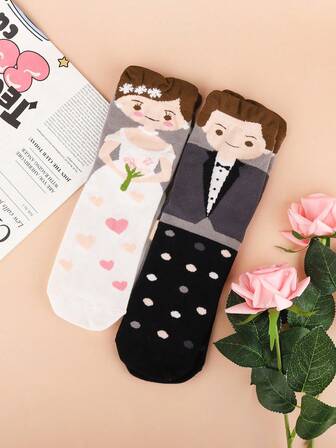 2 Pairs Couple Novelty Socks Bride & Groom Pattern Print Valentine's Day/Wedding Gifts For Couples Cartoon Athletic Mid-Calf Socks