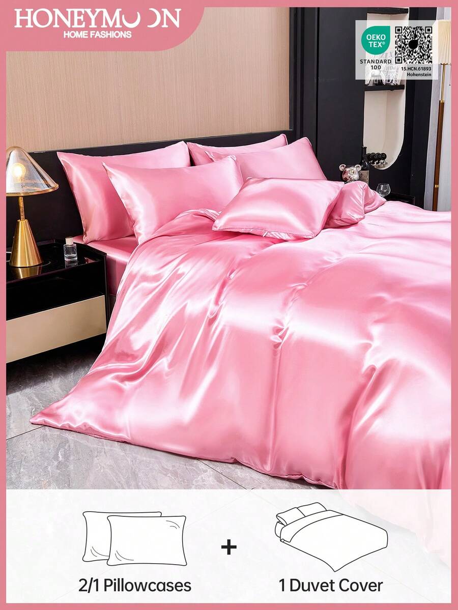 2/3件套奢华缎面床上用品套装，柔软透气，抗皱，提升睡眠质量，酒店级品质，馈赠父母及朋友，包含1个被套和1/2个枕套，奢华丝绸面料，适用于单人床、双人床、大号床、特大号床，通过Oeko-Tex认证，粉色 - 粉色 - 查看 1
