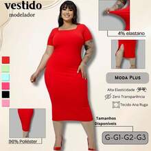 Vestido Midi Plus Size Acinturado Modelador Manga Curta - Vermelho - Visão 3
