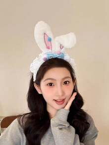 1pc Valentine's Day Gift Cute Bow Bunny Ear Plush Headband With Lace Trim, Plush Fabric, Lace Trim, Colorful Beads, Bow Design, Decorative Headband To Enhance Hairstyles And Create A Sweet Atmosphere, Some Designs (Like Lace, Beads) Also Have The Effect Of Covering Hair Gaps And Shaping The Head
