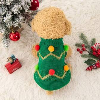 1pc Christmas Sweater, New Design With Dog & Cat Christmas Decor, Gold Trim & Colorful Balls, Christmas Vibe, Autumn/Winter Style, Cute & Comfortable, Anti-Shedding & Warm Pet Clothes, Christmas Holiday Edition